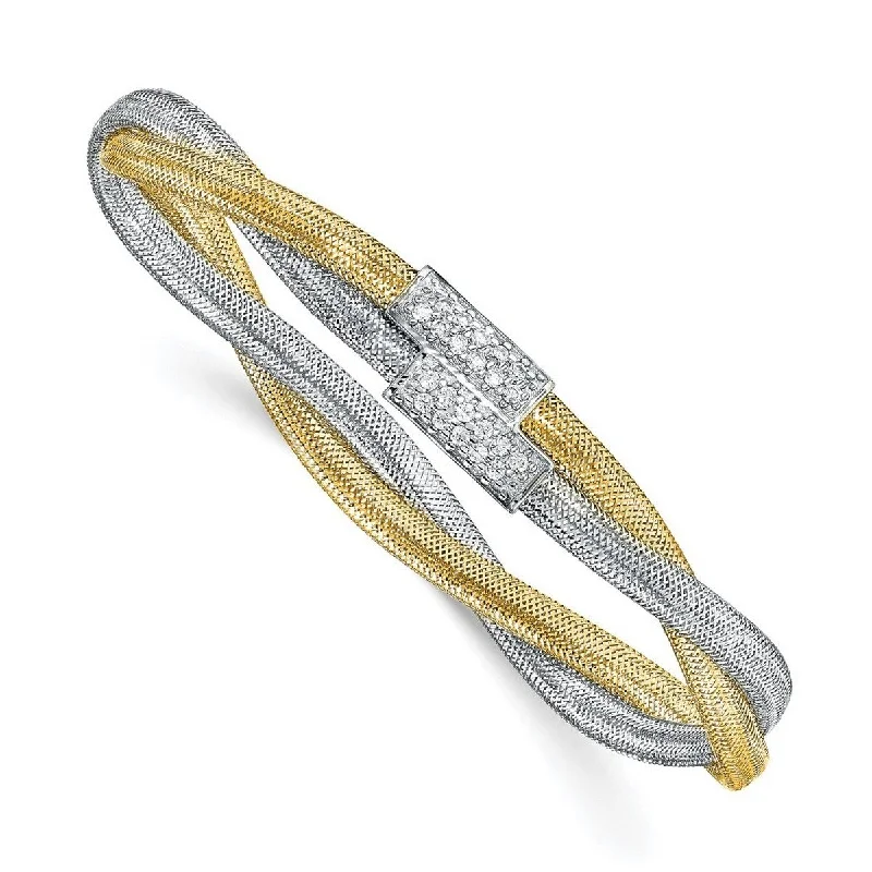 Bead rim bangles-Unicorn Rings-Curata 14k and White Rhodium CZ Cubic Zirconia Simulated Diamond Polished Mesh Stretch Bracelet