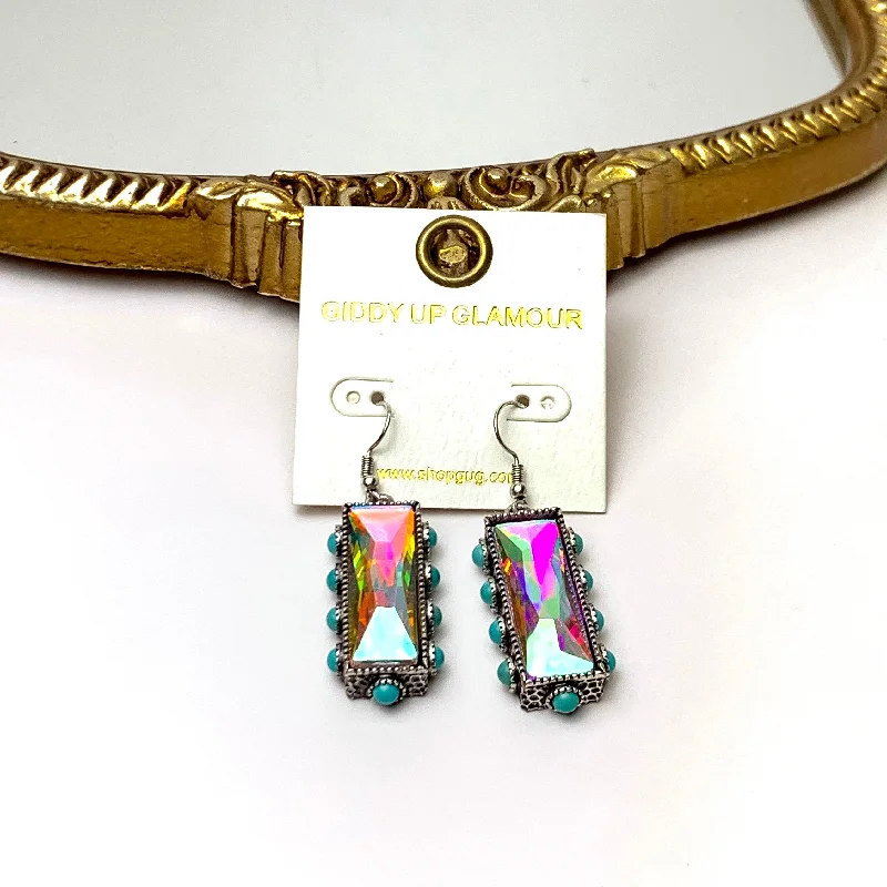 Engraved Earrings-AB Crystal Bar Drop Earrings with Faux Turquoise Border Accents