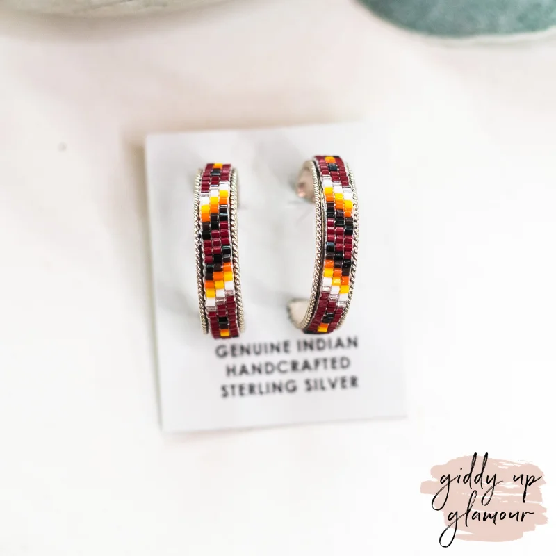 Minimalist Earrings-Navajo | Navajo Handmade Multi Colored Aztec Beaded Hoop Earrings in Maroon #4