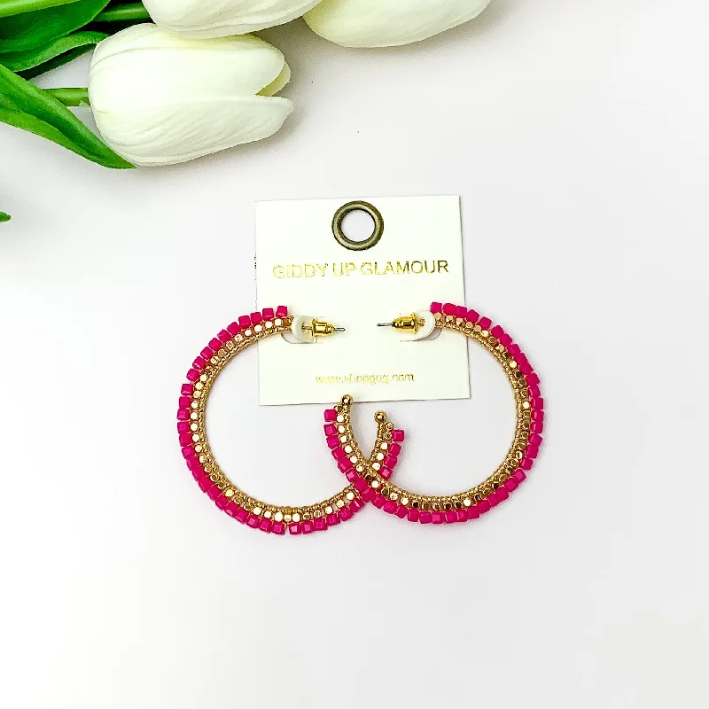 Huggie Earrings-Gold Tone Beaded Hoop Earrings with a Hot Pink Crystal Outline