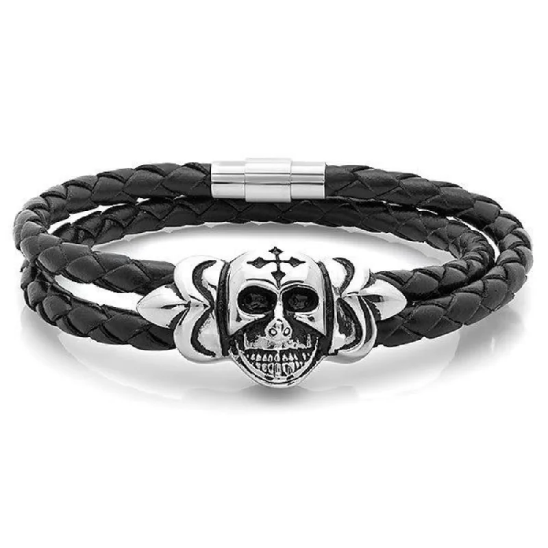 Bow knot bangles-Wedding Rings-Oxford Ivy Braided Black Leather Wrap Around Steel Skull with Cross Bracelet