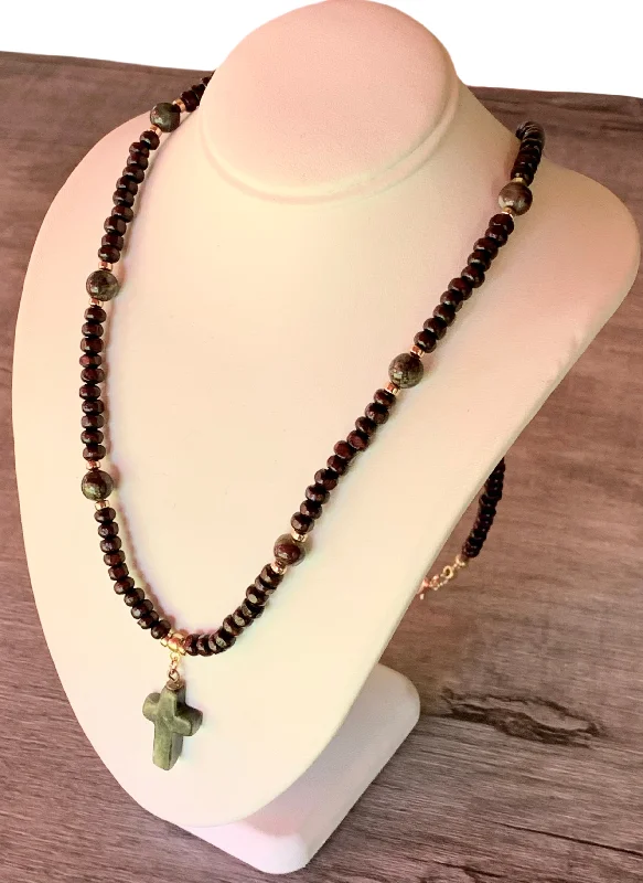 Retro photo necklaces-Short Necklaces-Luke Handmade Dragon Bloodstone Jasper, Dark Wood, Gold Plated Hematite Necklace With a Vintage Jade Cross