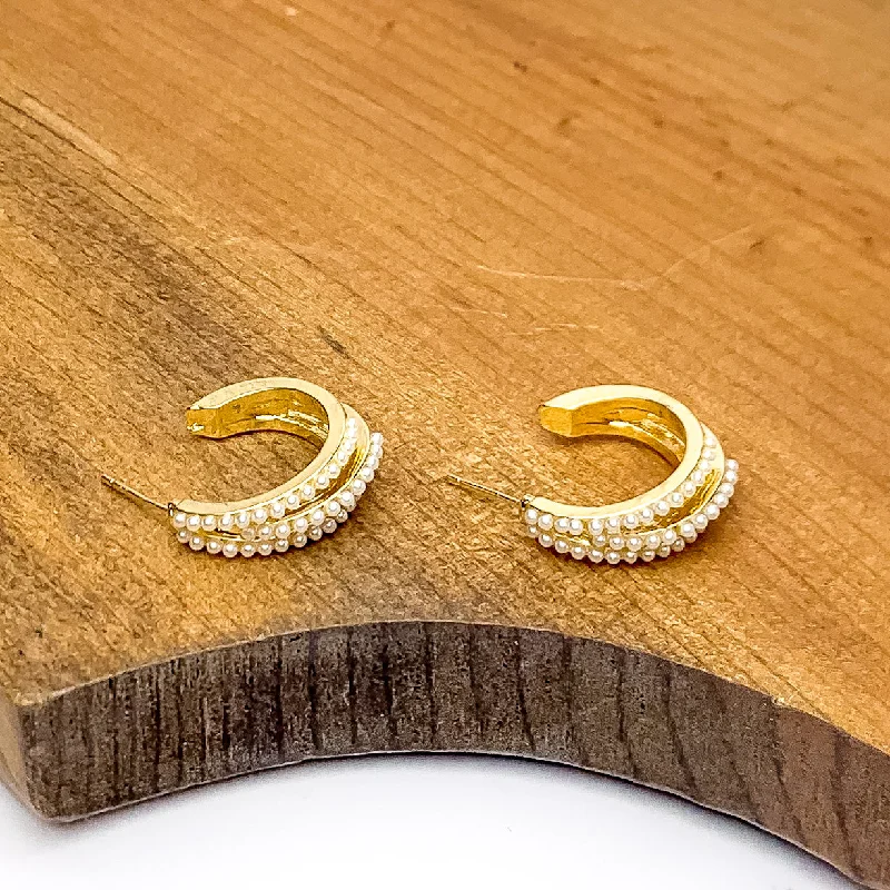 Crown Earrings-Small Gold Tone Hoop Earrings Outlined in Pearls