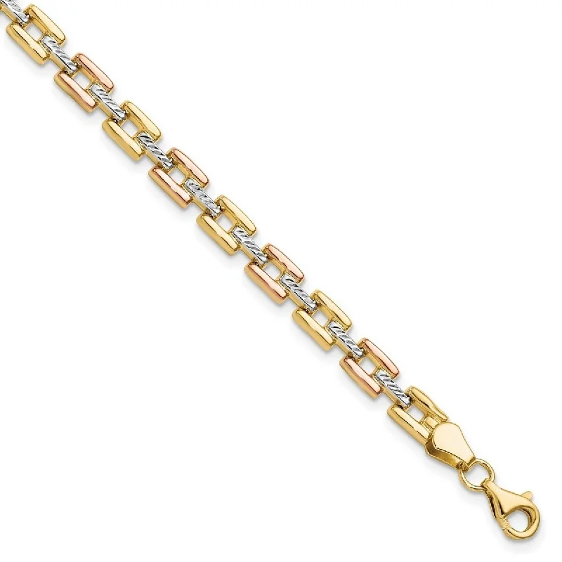 Spinel stone bangles-Charm Rings-Curata 14k Tri-color Gold Square Tracks Fancy Stampato Bracelet 7.25 Inch