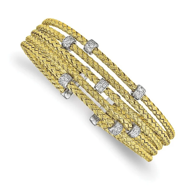 Daisy motif bangles-Lock Rings-Curata 925 Sterling Silver Polished Gold tone CZ Cubic Zirconia Simulated Diamond Woven Flexible Cuff Stackable Bangle Bracelet