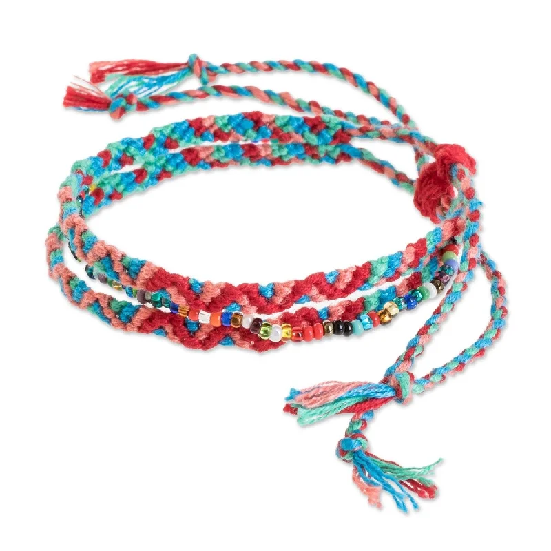 Vibrant enamel bangles-Arrow Bangles-NOVICA Solola Fiesta, Glass beaded macrame strand bracelet