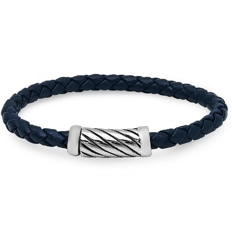 Swirl shape bangles-Fairy Rings-Oxford Ivy Braided Navy Leather Bracelet with Magnetic Stainless Steel Clasp ( 8 1/2 inches)