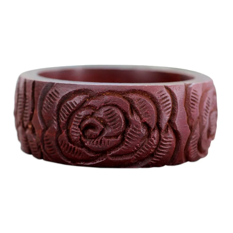 Owl motif bangles-Zodiac Bangles-Handmade Wood Bangle Bracelet, 'Brown Rose Blossom' (India) - 7'6" x 9'6"