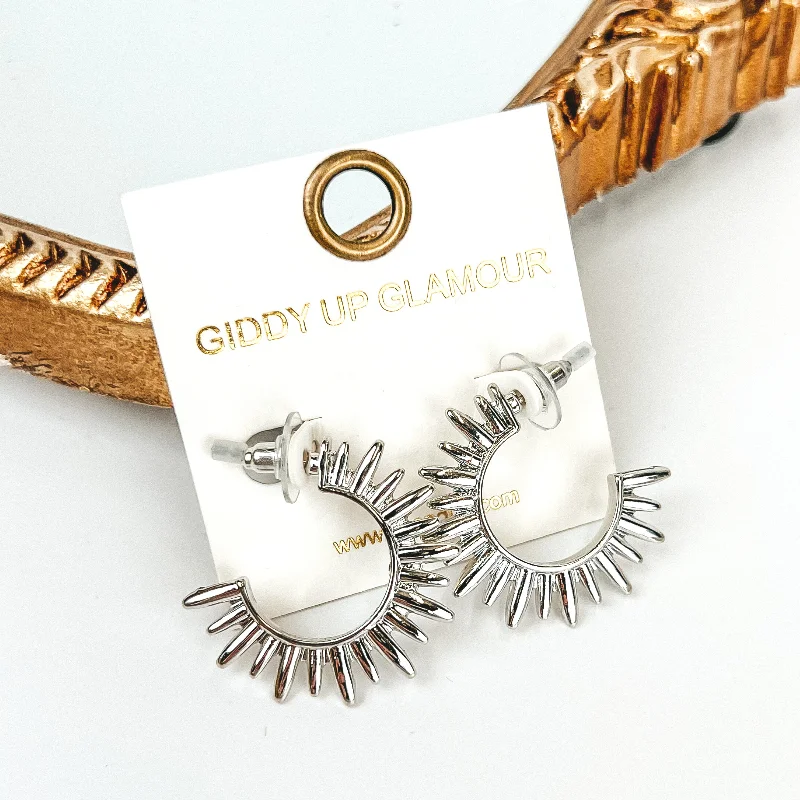 Casual Earrings-Sunburst Hoop Earrings in Silver Tone