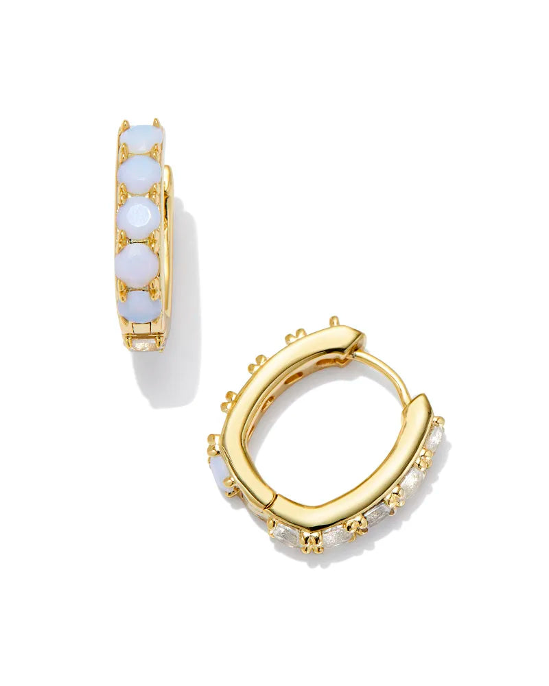 Geometric Earrings-Kendra Scott | Chandler Gold Huggie Earrings in White Opalite Mix