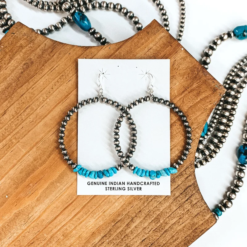 Threader Earrings-Mason Lee | Navajo Handmade Sterling Silver Navajo Pearl Hoop Earrings with Sleeping Beauty Turquoise