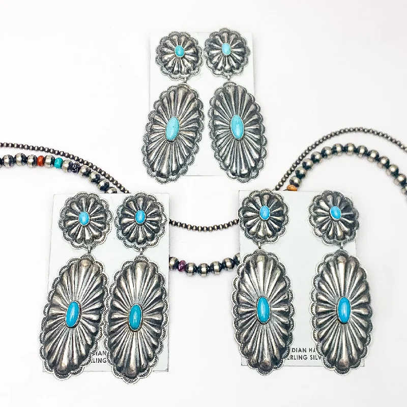 Formal Earrings-RL Begay | Navajo Handmade Sterling Silver Circle Concho Post Earrings with Oval Concho Dangle and Turquoise Stones