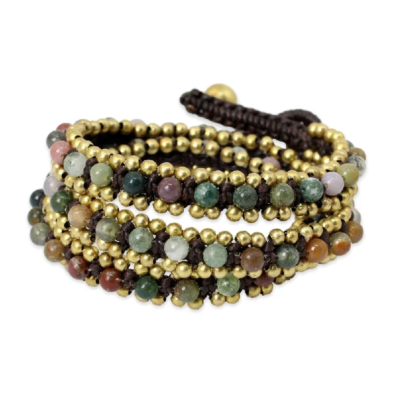 Thread tassel bangles-Floral Rings-Handmade Brass Happiness Agate Bracelet (Thailand)