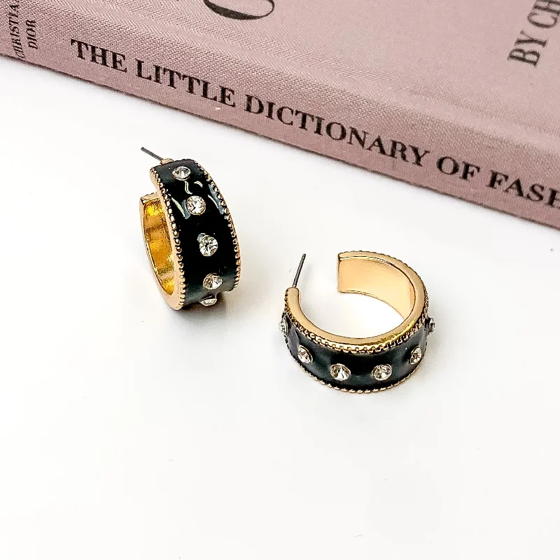 Statement Earrings-Surrounded By Starlight Small Gold Tone Hoop Earrings in Black