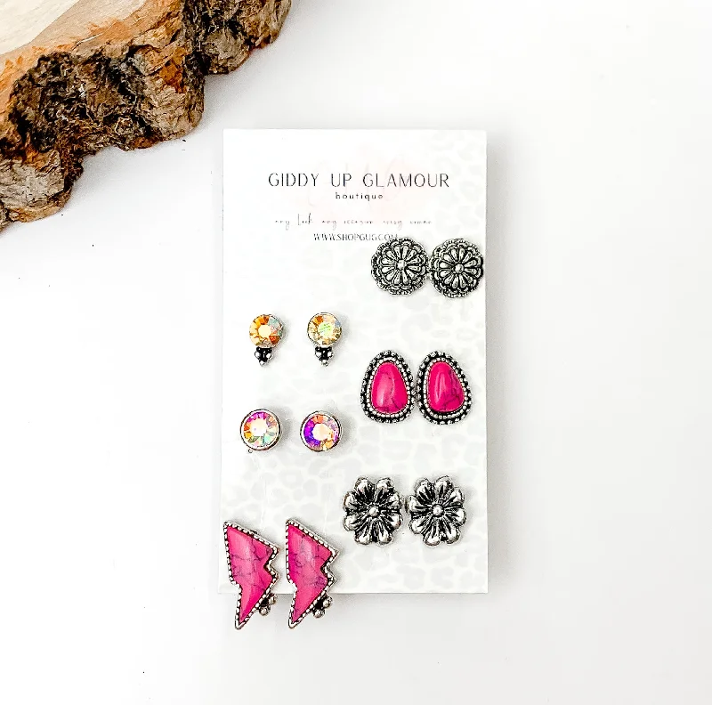 Fantasy Earrings-Set Of Six | Western Lightning Bolt Fuchsia Pink and Silver Tone Stud Earrings