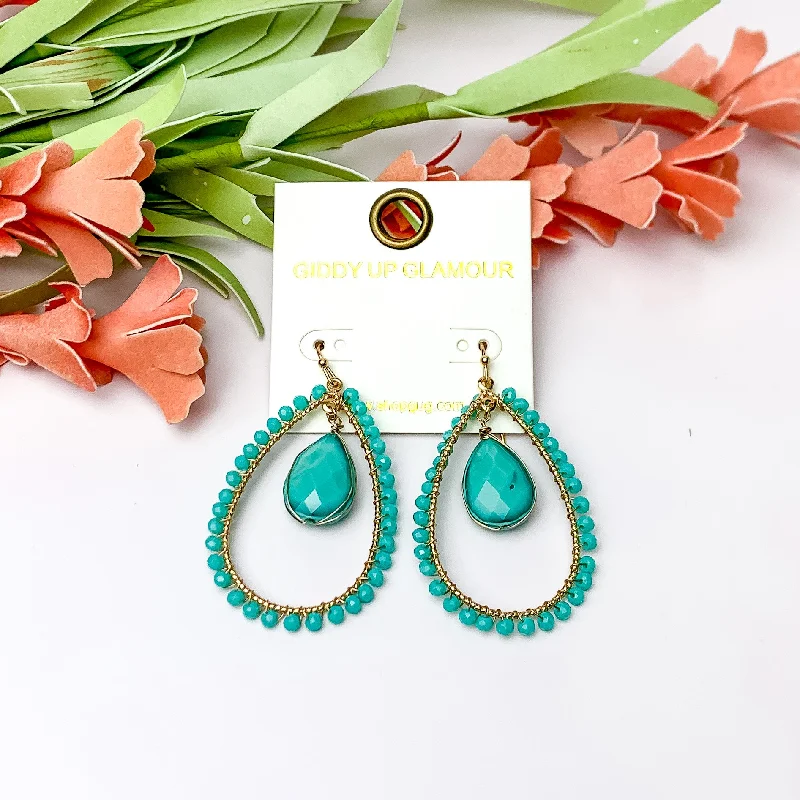 Designer Earrings-Turquoise Stone Inside Open Beaded Teardrop Earrings with Gold Tone Outline