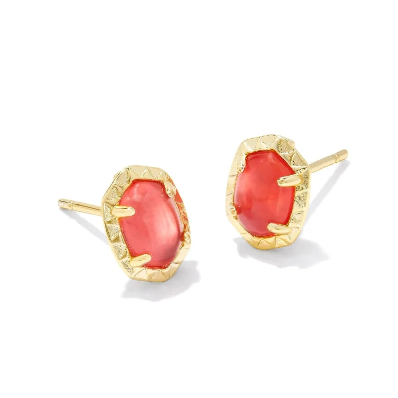 Screw-Back Earrings-Kendra Scott | Daphne Gold Stud Earrings in Coral Pink Mother of Pearl