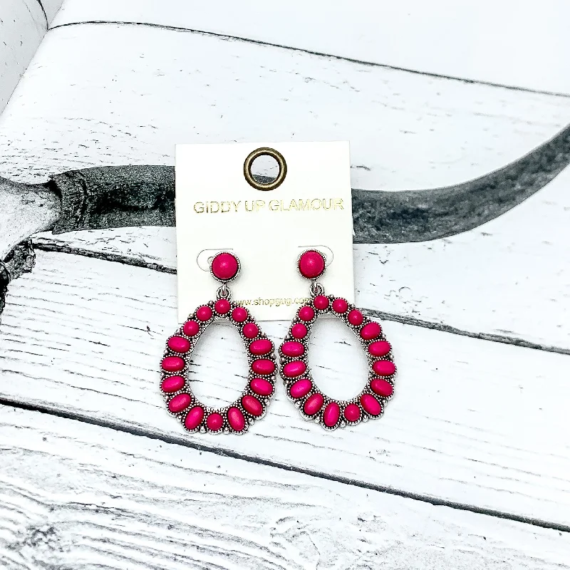 Feather Earrings-Small Circle Post Open Teardrop Earrings with Stones in Hot pink