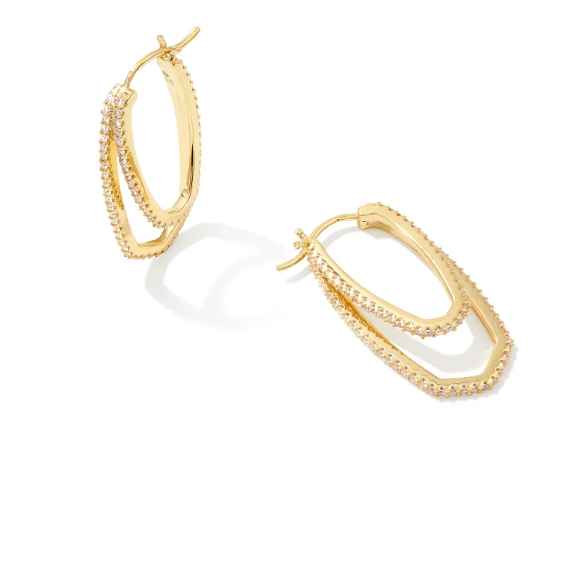 Bridal Earrings-Kendra Scott | Murphy Gold Hoop Earrings in White Crystal