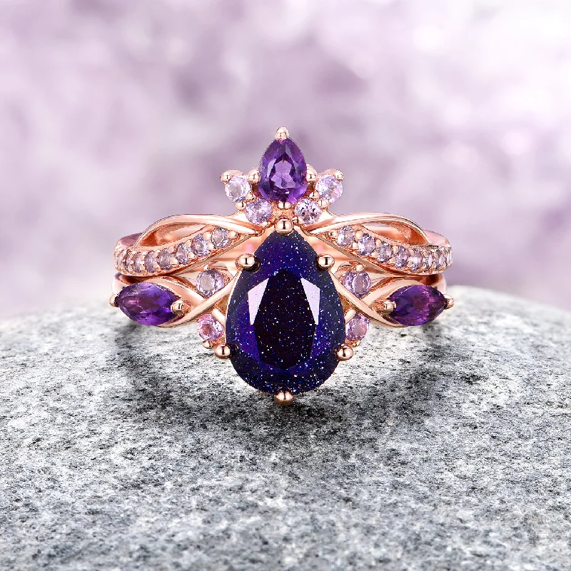 Hand-polished engagement rings-Topaz gem earrings-Fixed Size Engagement Rings-Feyre Starry Night & Amethyst Ring Set - 14K Solid Rose Gold