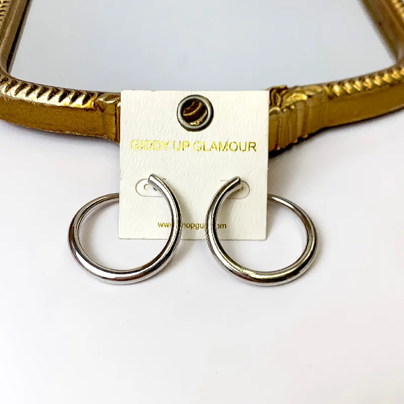 Modern Earrings-Thick Offset Silver Tone Hoop Earrings