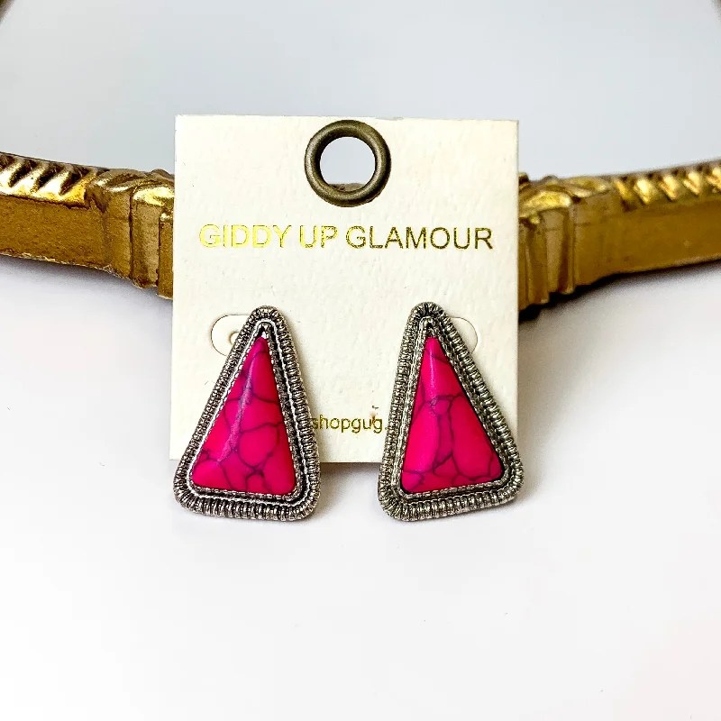 Minimalist Earrings-Western Silver Tone Faux Triangle Stone Earrings in Fuchsia Pink