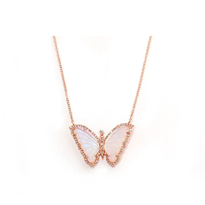 Rolled knot necklaces-Leather Necklaces-Diamond Pave and Moonstone Butterfly Necklace