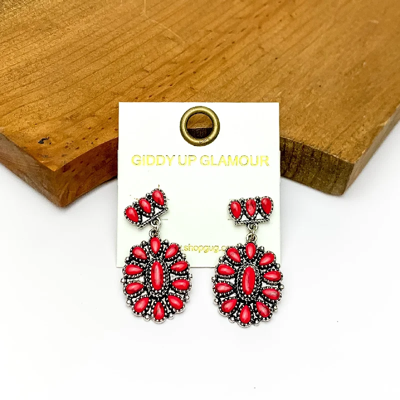 Beaded Earrings-Red Marble and Silver Tone Flower Drop Earrings