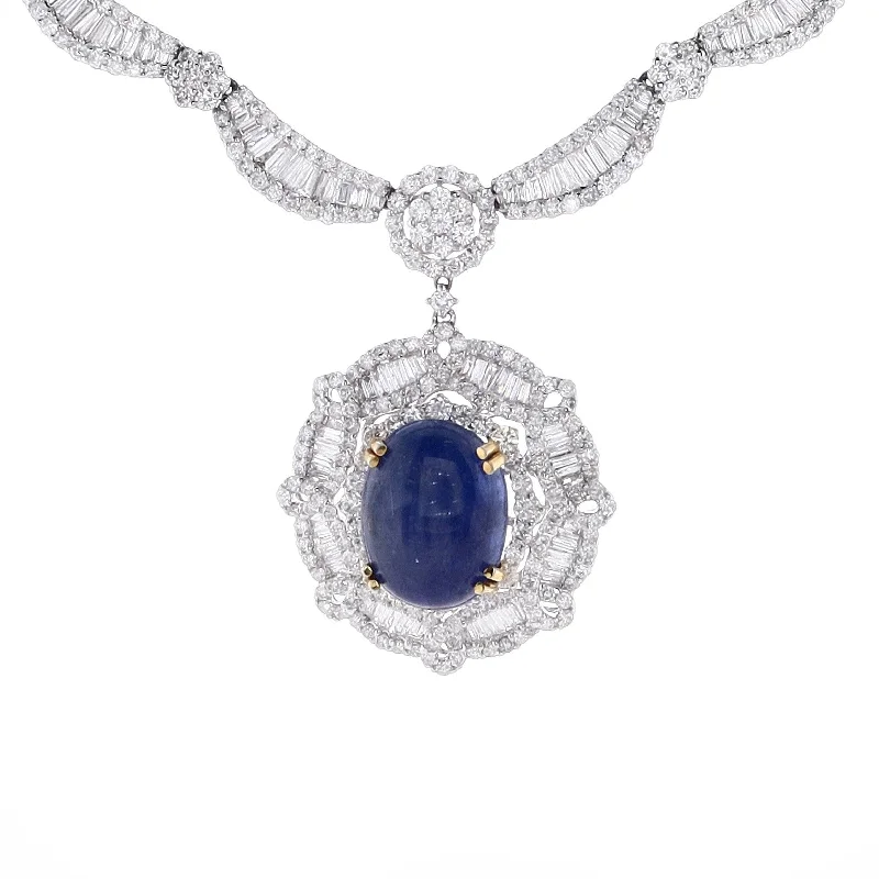 Elf wing necklaces-Leaf Necklaces-Estate 18k White Gold Star Sapphire and Diamond Scallop Design 16" Necklace