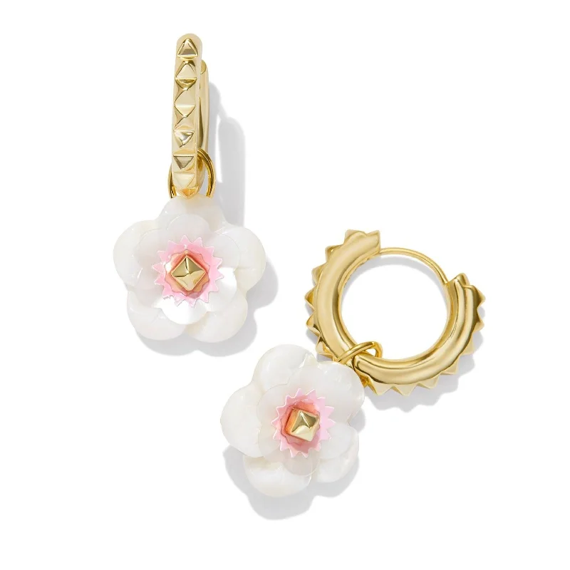 King Earrings-Kendra Scott | Deliah Gold Huggie Earrings in Iridescent Pink and White Mix