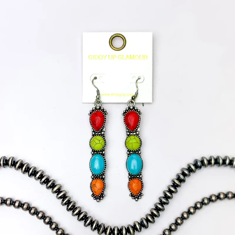 Omega Back Earrings-Western Connection Silver Tone Earrings With Four Stones in Multicolor