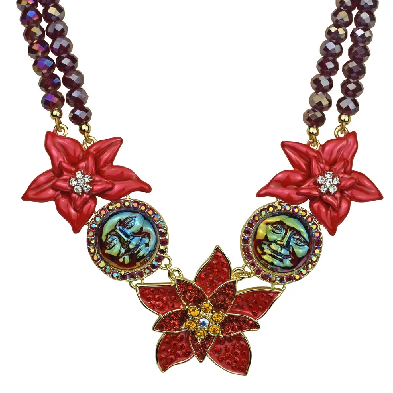 Heavy stone necklaces-Choker Necklaces-Seaview Water Moon Poinsettia Beaded Necklace (Goldtone/Dark Red)