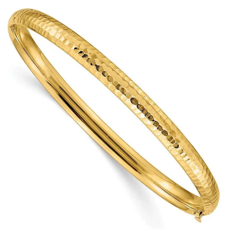 High link bangles-Fixed Size Bangles-Curata 14k Yellow Gold Hollow Fold-over No safety bar 4.75mm Fancy Hammered Hinged Bangle Bracelet