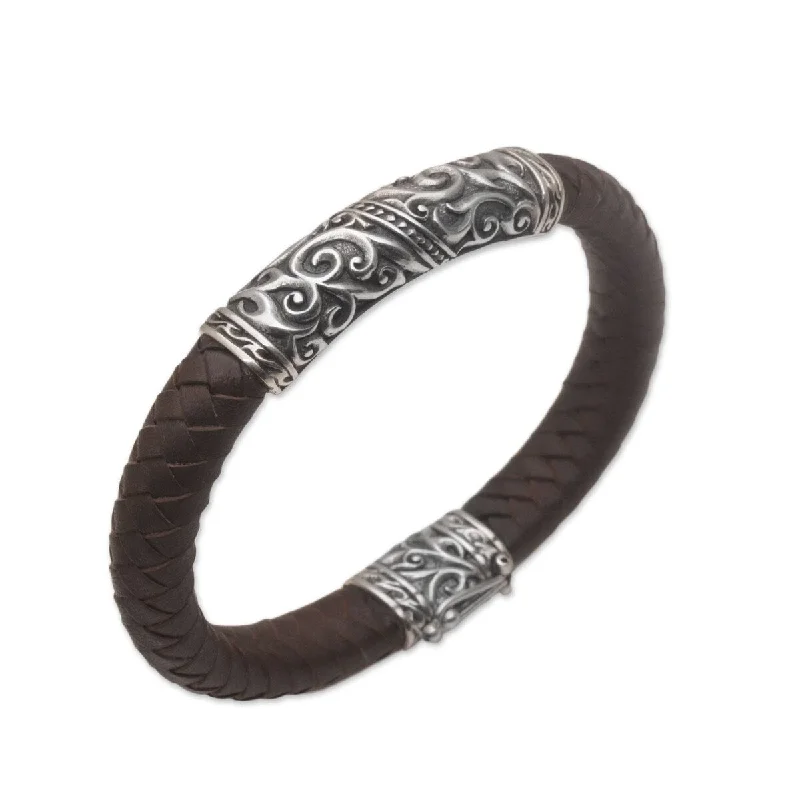 Vine carved bangles-Wedding Bangles-NOVICA Flow of Courage, Men's sterling silver and leather pendant bracelet