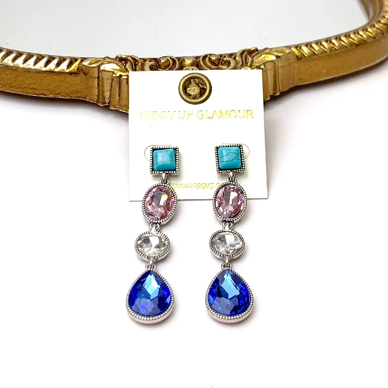 Key Earrings-4 Tier Square Post Faux Turquoise and Light Pink and Blue Crystal Dangle Earrings