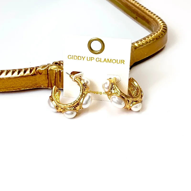 Moon Earrings-Gold Tone Pearl Studded Hoop Earrings