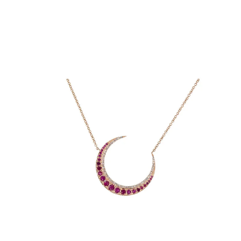 Bent pendant necklaces-Spiritual Necklaces-14KT Rose Gold Diamond Pave and Ruby Crescent Necklace