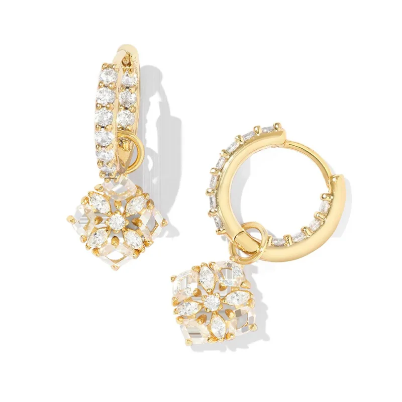 Feather Earrings-Kendra Scott | Dira Convertible Gold Crystal Huggie Earrings in White Crystal