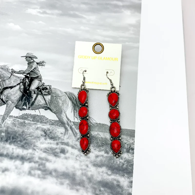 Luxury Earrings-Western Connection Silver Tone Earrings With Four Stones in Red