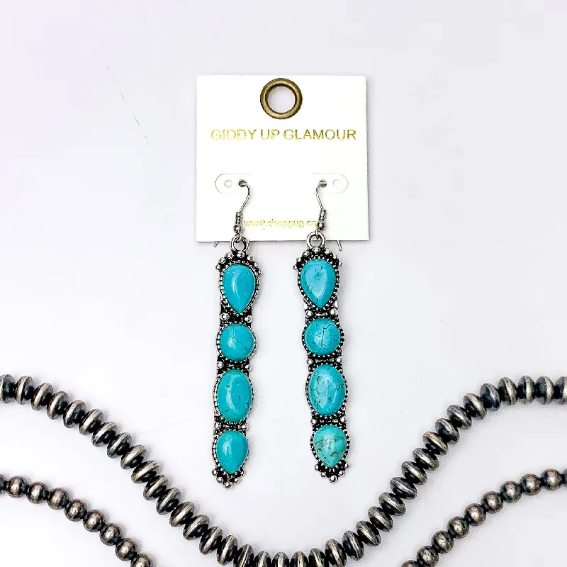 Drop Earrings-Western Connection Silver Tone Earrings With Four Stones in Turquoise