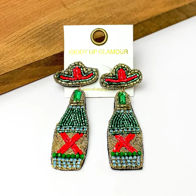 Monogram Earrings-Beaded Green Beer Bottle Earrings with Sombrero Studs