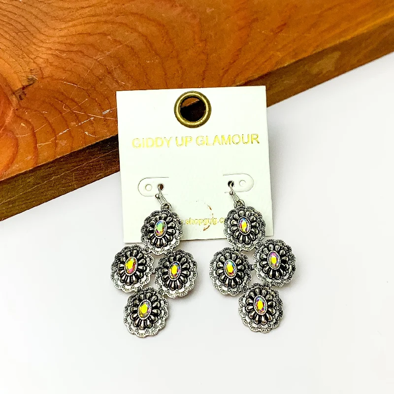 Minimalist Earrings-Western Concho Earrings with AB Stones in Silver Tone