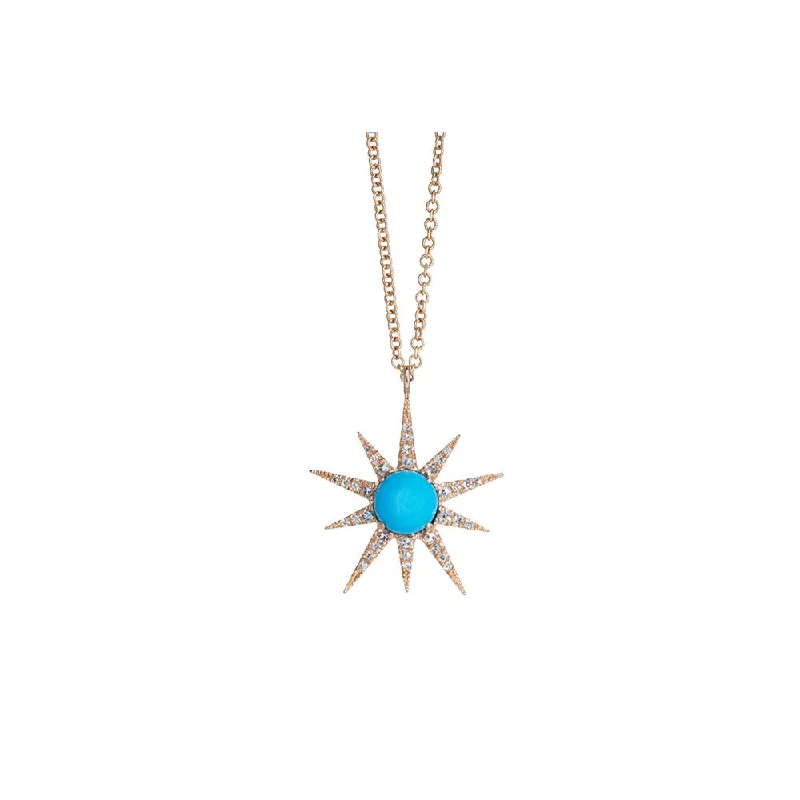 Fine art necklaces-Galaxy Necklaces-14KT Rose Gold Diamond Pave and Turquoise Starburst Necklace