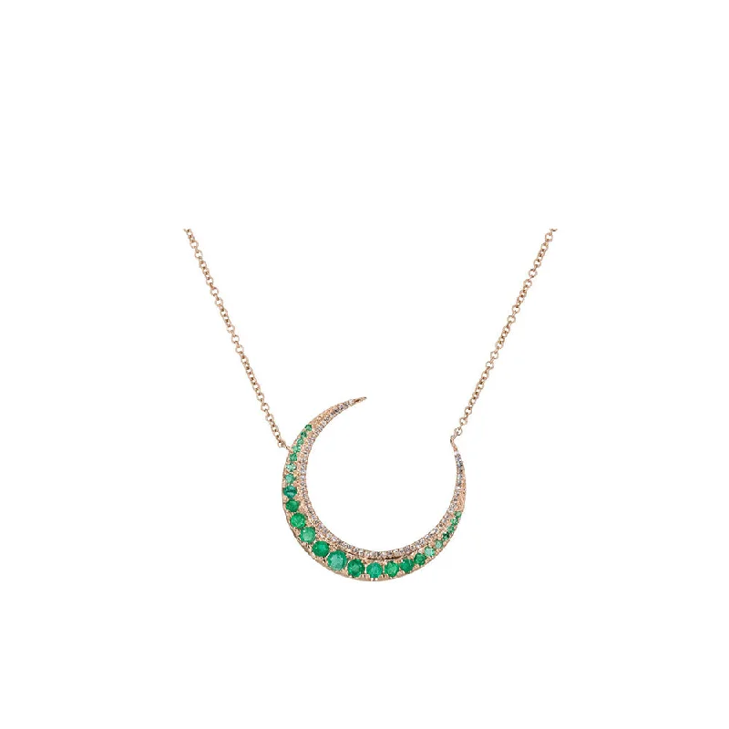 Fold knot necklaces-Wedding Necklaces-14KT Rose Gold Diamond Pave and Emerald Crescent Necklace