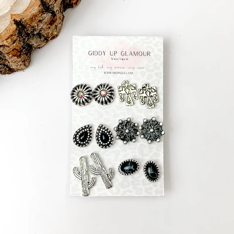 Crown Earrings-Set Of Six | Western Themed Black and Silver Tone Stud Earrings