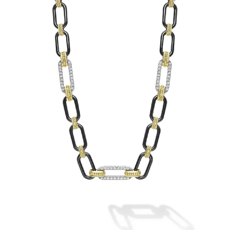 Satin gold necklaces-Diamond Necklaces-Lagos 18k Gold and Black Ceramic Three Diamond Station Link Necklace, 6mm