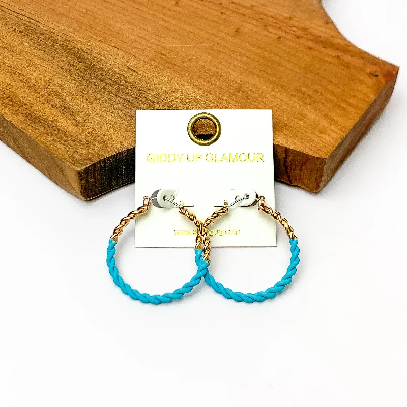 Magnetic Earrings-Twisted Gold Tone Hoop Earrings in Ocean Blue