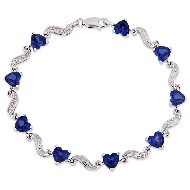 Radiant star bangles-Non-Tarnish Rings-Miadora Sterling Silver Heart-Cut Created Blue Sapphire and Diamond Tennis Bracelet