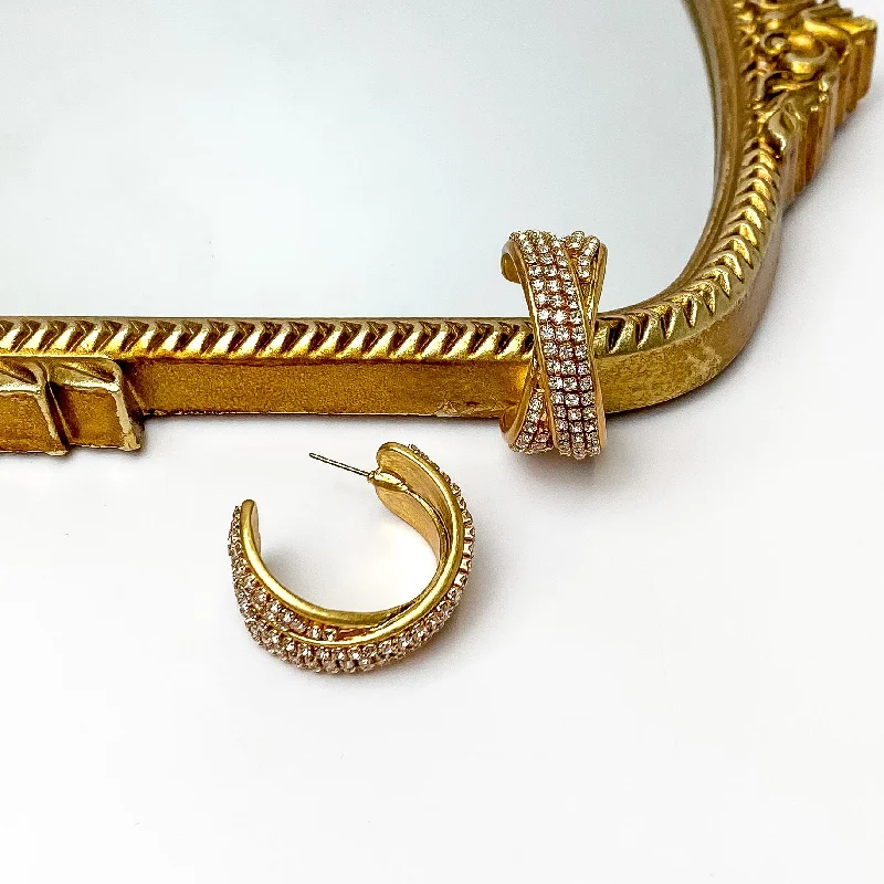 Stud Earrings-Crossing Paths Gold Tone Hoop Earrings With Clear Crystals