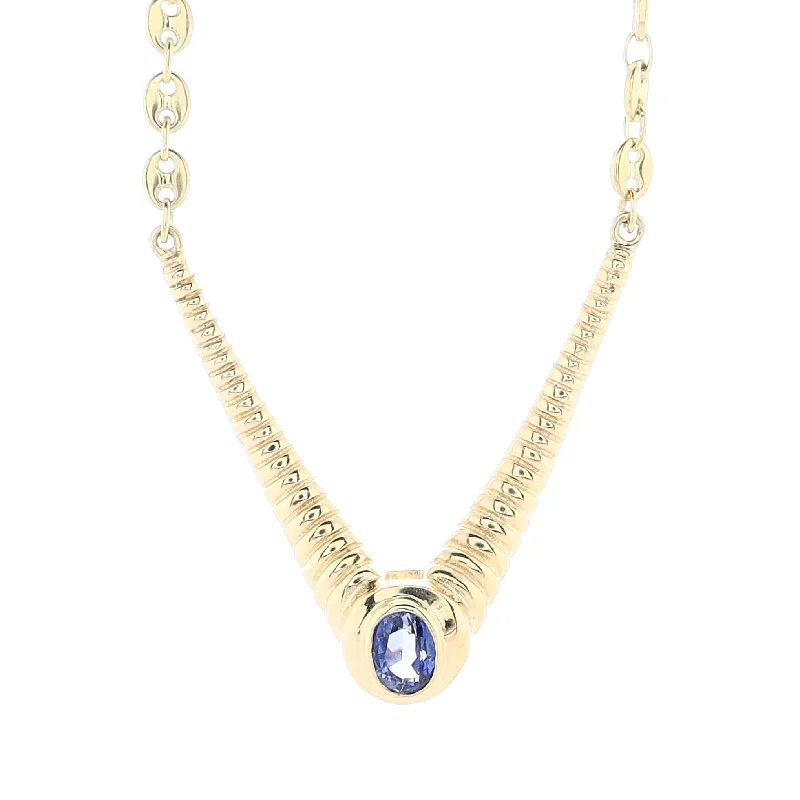 Dove feather necklaces-Celestial Necklaces-Estate 18k Yellow Gold Bezel Set Oval Sapphire in Ribbed "V" Design Necklace